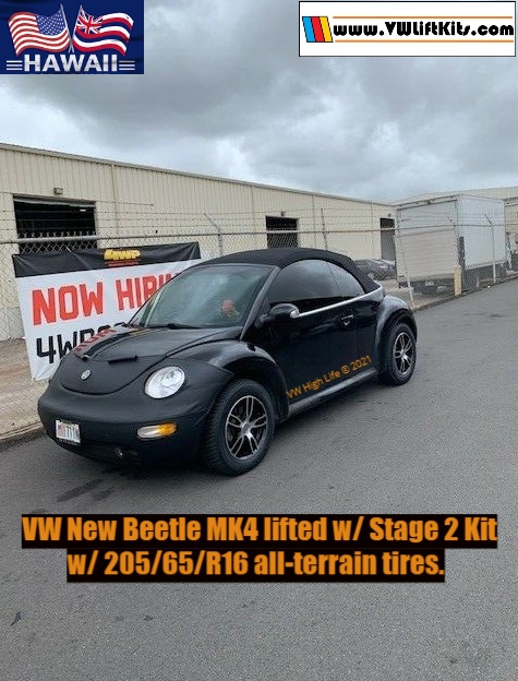 2003 VW New Beetle Convertible MK4 lifted w/ Stage 2 Lift Kit w/ 205/65/R16 all-terrain tires. 